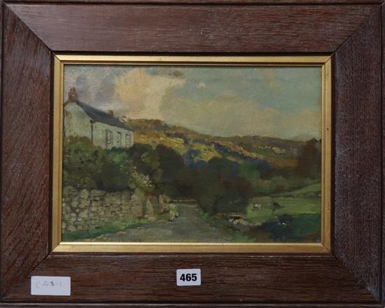Donald Floyd, oil on board, Figure passing a cottage, signed, 23 x 34cm
